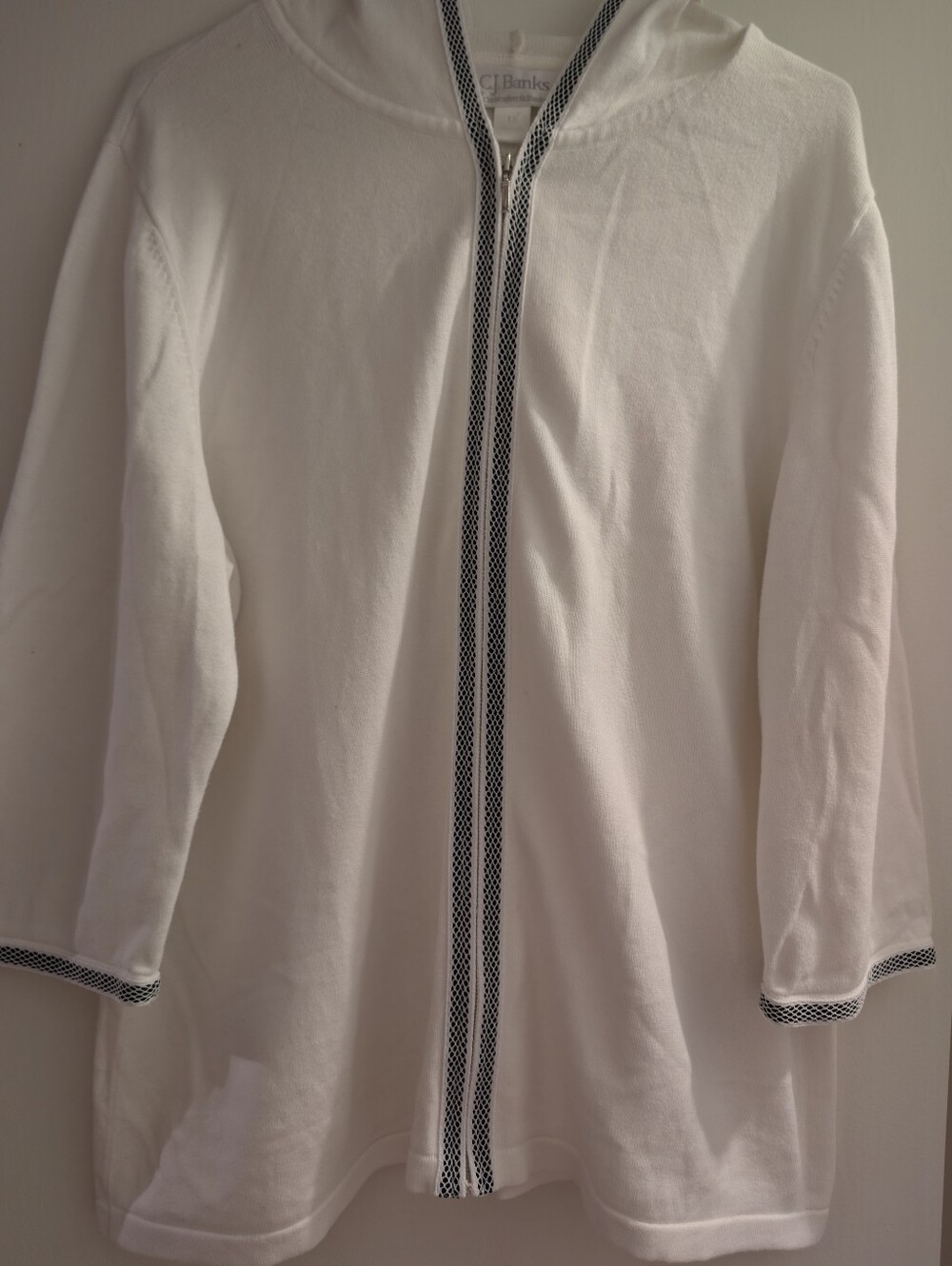 CJ Banks White Hooded Zip-Front Jacket with Black Trim. 1x